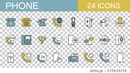 與手機、座機、傳真和撥打電話相關的線條圖示集。彩色 135619250