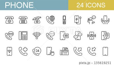 携帯電話や固定電話、FAX、電話をかけることに関するラインアイコンセット 携帯電話や固定電話、FAX、電話をかけることに関するラインアイコンセット 135619251