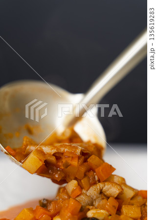 白モツのトマト煮込みをお玉で皿に盛り付ける 白モツのトマト煮込みをお玉で皿に盛り付ける 135619283