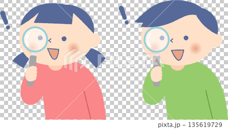 拿著放大鏡的男孩和女孩 135619729