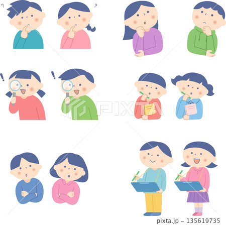 考え事をする子供たちのイラストセット 135619735