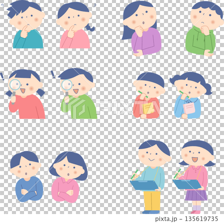 考え事をする子供たちのイラストセット 135619735