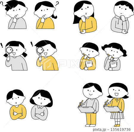 考え事をする子供たちのイラストセット単色 135619736