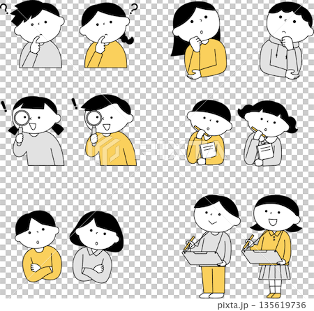 考え事をする子供たちのイラストセット単色 135619736