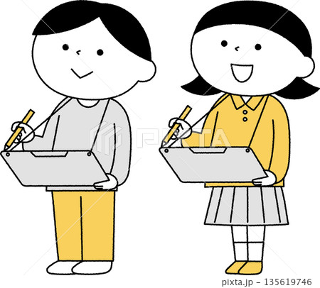 野外学習をしている男の子と女の子単色 野外学習をしている男の子と女の子単色 135619746