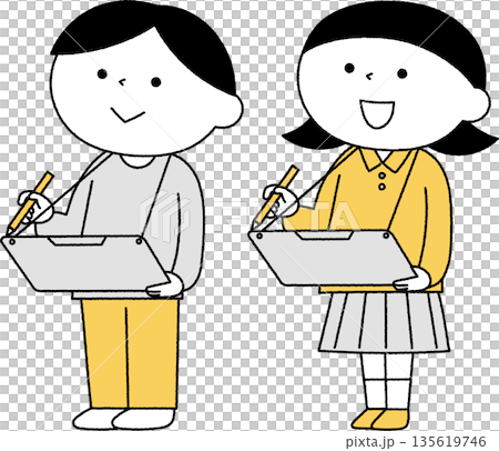 男孩女孩們在戶外學習,黑白照片 男孩女孩們在戶外學習,黑白照片 135619746