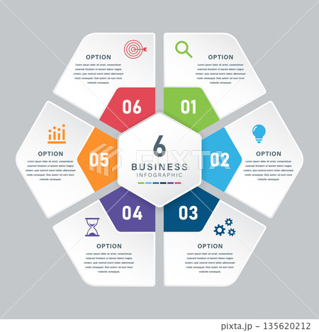 6 Segment Circular Business Infographic with Color Coded Icons 6 Segment Circular Business Infographic with Color Coded Icons 135620212