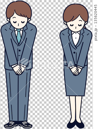お辞儀をするビジネスパーソン男女セット 挨拶 謝罪 ポーズ 線画 ベクター お辞儀をするビジネスパーソン男女セット 挨拶 謝罪 ポーズ 線画 ベクター 135620445
