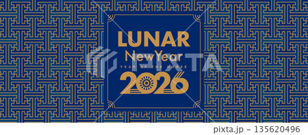 中国人用の2026年ルナニューイヤー旧正月の伝統柄入り横長ワイドフレーム:新年背景 135620496