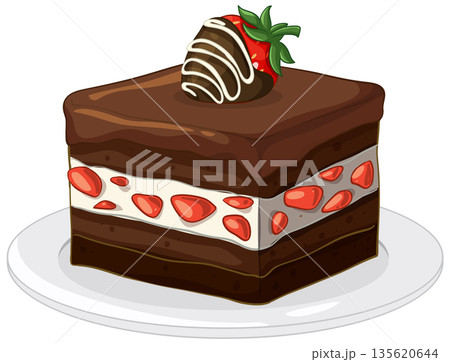 Layered Chocolate Cake Slice with Strawberry Cream and Chocolate Dipped Berry 135620644