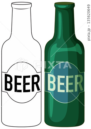 Green Glass Beer Bottle and Black and White Outline Vector Illustration 135620649