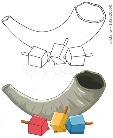 Traditional Jewish Shofar and Colorful Dreidels Vector Illustration Set 135620650