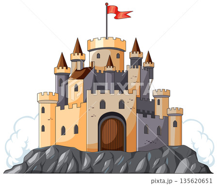Stone Castle with Red Flag on Rocky Hilltop 135620651
