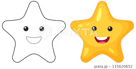 Cute Smiling Star Character Vector Illustration in Color and Outline 135620652