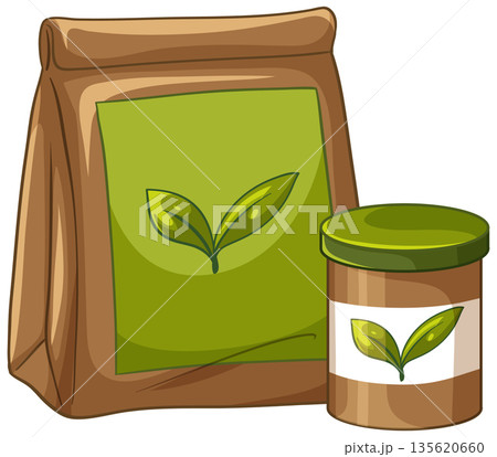 Vector Illustration of Brown Paper Bag and Small Jar with Green Leaf Labels Vector Illustration of Brown Paper Bag and Small Jar with Green Leaf Labels 135620660