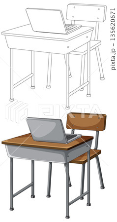 School Desk with Laptop in Color and Outline Views School Desk with Laptop in Color and Outline Views 135620671