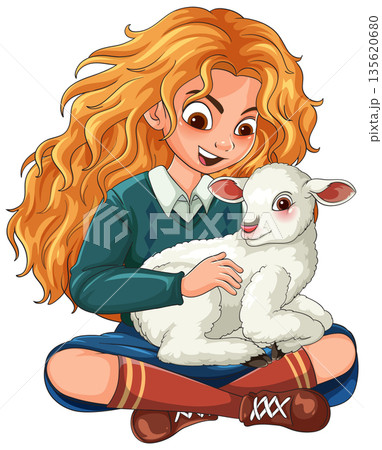 Red-Haired Girl Sitting With White Lamb Illustration 135620680