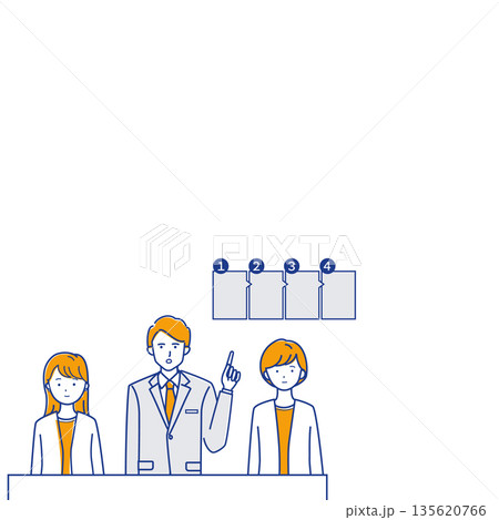 余白のある会議で方針を説明するビジネスパーソンのイラスト（色違い） 135620766