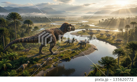 白亜紀の王者ティラノサウルスと恐竜たちの群れ 壮大な大自然の川辺 3DCGイラスト リアル 古生物 135620772
