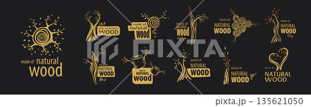 A set of unusual hand-drawn vector logos for the production of wood products A set of unusual hand-drawn vector logos for the production of wood products 135621050