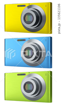 Set of compact pocket digital camera for summer holidays on white background. Set of compact pocket digital camera for summer holidays on white background. 135621106