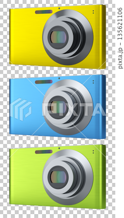 Set of compact pocket digital camera for summer holidays on white background. Set of compact pocket digital camera for summer holidays on white background. 135621106