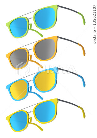 Set of sunglasses with gradient lens and plastic frame on white background. 135621107