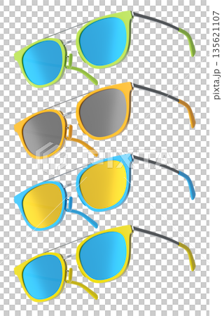 Set of sunglasses with gradient lens and plastic frame on white background. 135621107