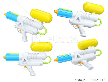 Set of plastic water gun toy for playing in swimming pool on white background 135621116