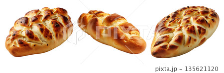 Set of Egypt Baladi braided loaf of bread Egyptian flatbread with a soft crust and fluffy texture, isolated on white background 135621120