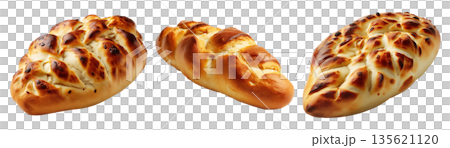 Set of Egypt Baladi braided loaf of bread Egyptian flatbread with a soft crust and fluffy texture, isolated on white background 135621120