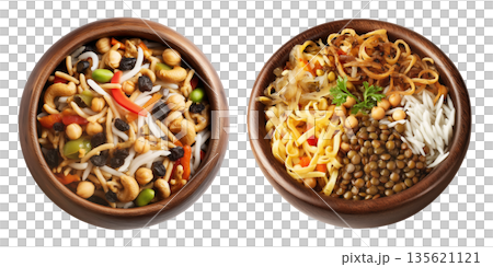 Set of Egypt Koshari lentils rice pasta with vegetables and tomato sauce arranged on wooden plate, isolated on white background Set of Egypt Koshari lentils rice pasta with vegetables and tomato sauce arranged on wooden plate, isolated on white background 135621121