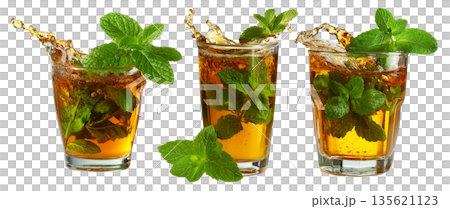 Set of Moroccan green mint tea splashing, isolated on white transparent background, concept of Arabic cuisine and summer drink Set of Moroccan green mint tea splashing, isolated on white transparent background, concept of Arabic cuisine and summer drink 135621123