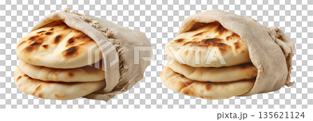 Set of Traditional pita bread or flatbreads some floating above a sack, isolated on white background. Concept of Arabic Cuisine Set of Traditional pita bread or flatbreads some floating above a sack, isolated on white background. Concept of Arabic Cuisine 135621124