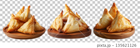 Set of Briouat triangular fruit filled pastries, phyllo pastries filled with meat or almonds on white, Arabic sweet desserts 135621126