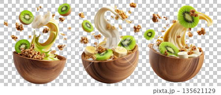 Fresh banana, kiwi, crunchy walnuts and granola with creamy yogurt smoothie splash in wooden bowl isolated on white background 135621129