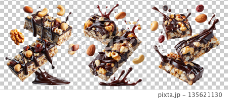 Chocolate coated nut protein energy fitness bar topped with almonds, cashews, walnuts, and chocolate drizzle on white 135621130