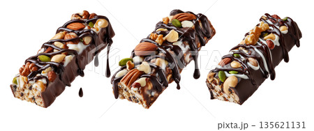 Chocolate coated nut protein energy fitness bar topped with almonds, cashews, walnuts, and chocolate drizzle on white 135621131