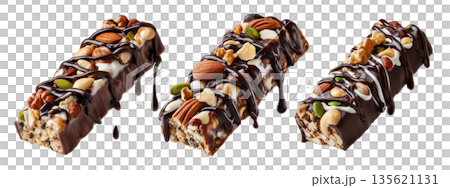 Chocolate coated nut protein energy fitness bar topped with almonds, cashews, walnuts, and chocolate drizzle on white Chocolate coated nut protein energy fitness bar topped with almonds, cashews, walnuts, and chocolate drizzle on white 135621131