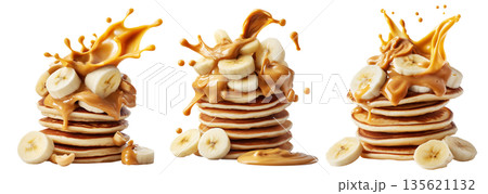 Stack of pancakes topped with banana slices and peanut butter splash isolated on white transparent background 135621132