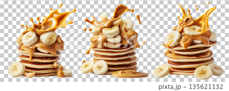 Stack of pancakes topped with banana slices and peanut butter splash isolated on white transparent background 135621132