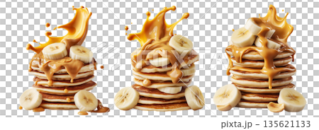 Stack of pancakes topped with banana slices and peanut butter splash isolated on white transparent background 135621133