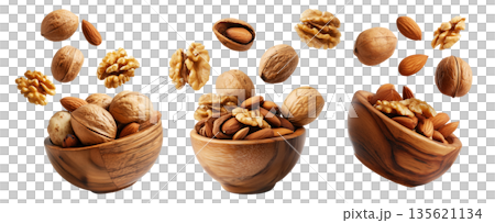 Assorted walnuts and almonds in natural wood bowl with some nuts floating above, isolated on white background Assorted walnuts and almonds in natural wood bowl with some nuts floating above, isolated on white background 135621134