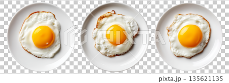 Sunny-side up fried egg with crisp edges on white plate from above on white transparent background, breakfast simplicity 135621135