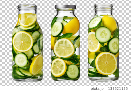 Sliced lemon, cucumber, and mint in glass jar with water splashing, isolated on white transparent background 135621136