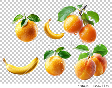 Set of banana, grapefruit and apricot with dew drops and leaves isolated on white background 135621139