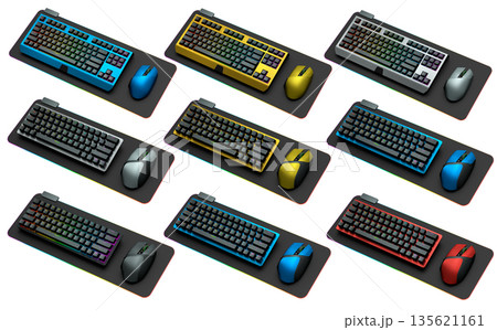Collection of mechanical keyboards and mouse isolated on white background with clipping path 135621161