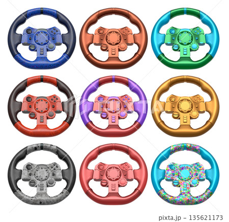 Set of racing game steering wheels isolated on white background with clipping path Set of racing game steering wheels isolated on white background with clipping path 135621173