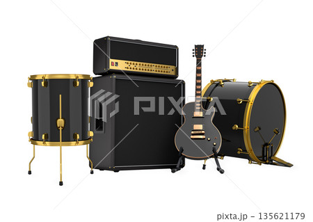 Set of electric acoustic guitars and drums with cymbals on white background Set of electric acoustic guitars and drums with cymbals on white background 135621179