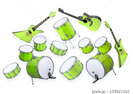 Set of electric acoustic guitars and drums with cymbals on white background 135621181